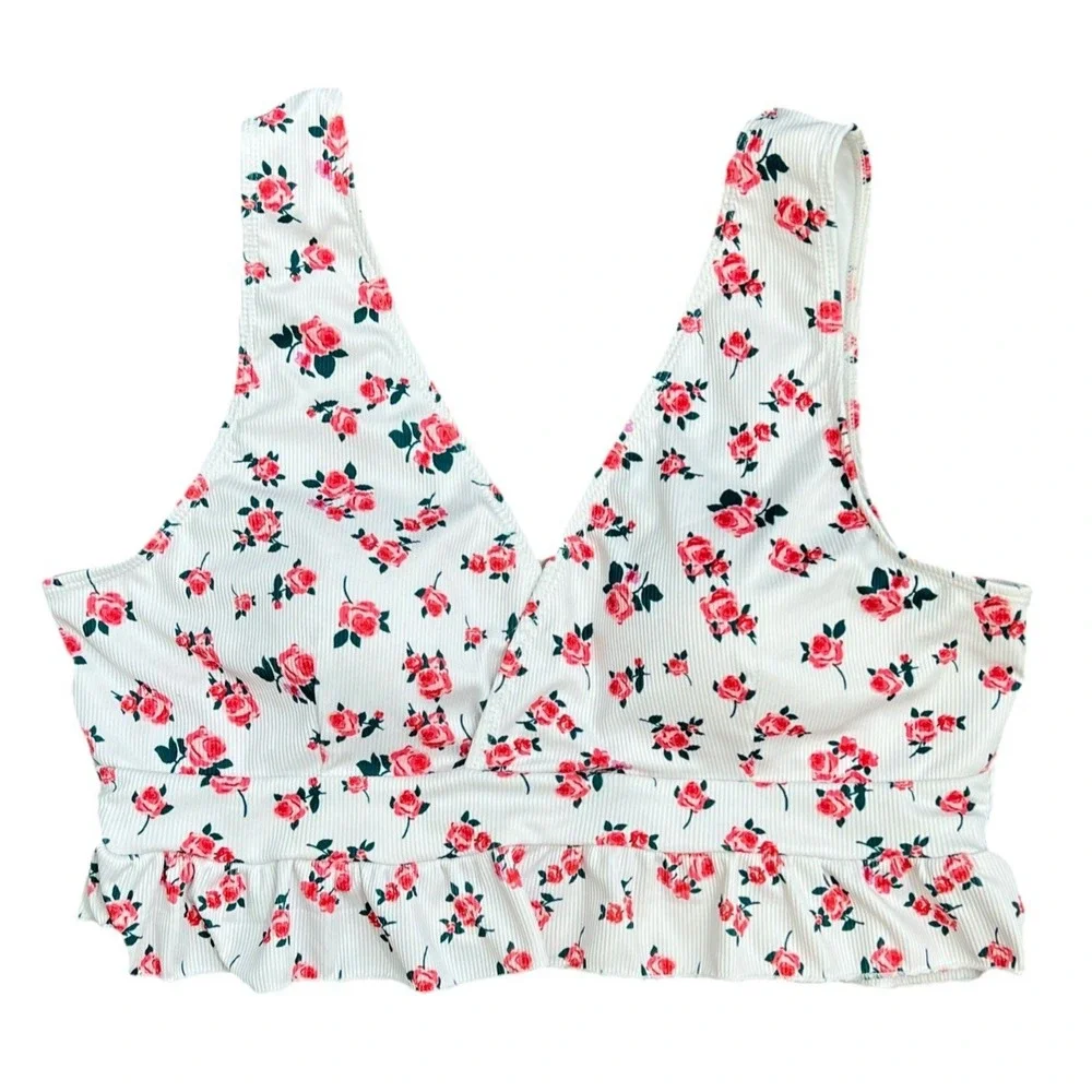 Womens 2XL Floral Ribbed Tankini Top White Pink Peplum Plus Size Swimwear
